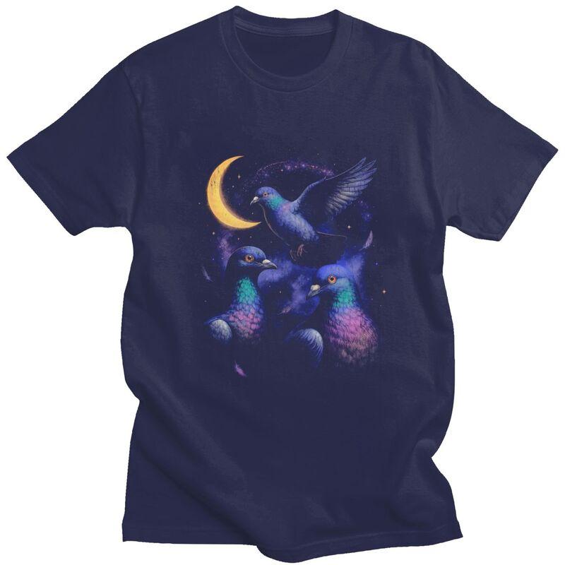 Male Cosmic Pigeons Under The Crescent Moon T Shirt Pure Cotton Colthing Fashion Casual Design Graphic Tees Shirt