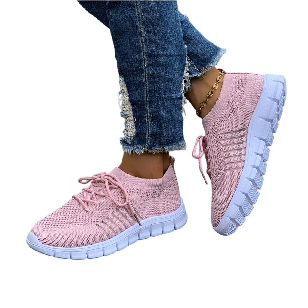 Women's Flyknit Mesh Breathable Athletic Shoes Low Cut Lace Up Platform Sole Casual Sneakers for Everyday Wear