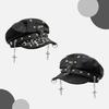 2000s Women Beret Hat Punk Rivet Decors Flat Top Cap Breathable PU Leather Octagonal Hat for Casual and Cosplay Wear