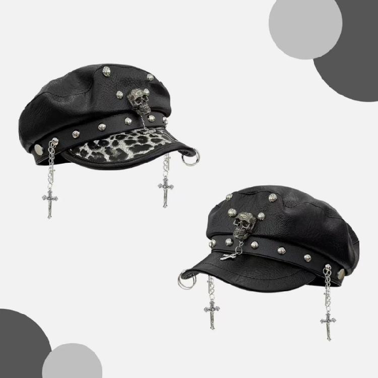 2000s Women Beret Hat Punk Rivet Decors Flat Top Cap Breathable PU Leather Octagonal Hat for Casual and Cosplay Wear