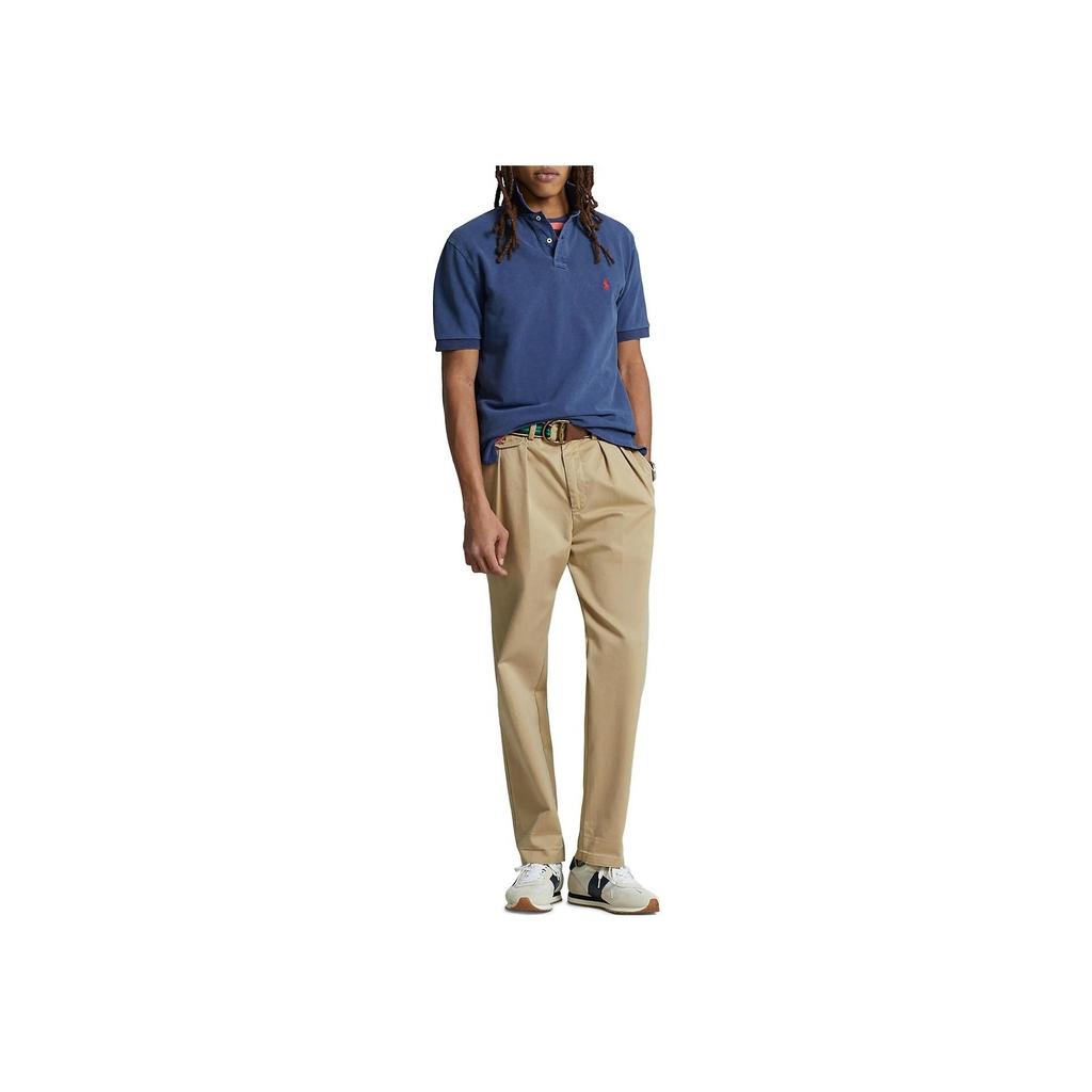 Polo Ralph Lauren SS23 Jednobarevné Pletené Přehozy s Vyšívaným Logem Střih Straight Krátký Rukáv Pánská Polokošile Modrá 710850860-010