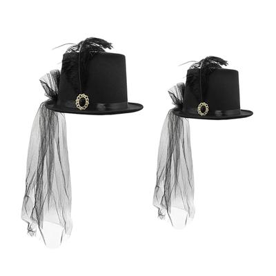 Elegante Zwarte Veer Versierde Hoge Sneakers Hoed Gotische Kostuum Hoed Voor Cosplay Halloween Kostuum