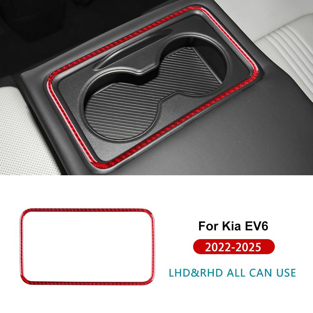 

For Kia EV6 GT EV 2024 2025 Real Soft Carbon Fiber Sticker LHD RHD Car Rear Drain Cup Holder Decor Frame Interior Trim Red Carbon