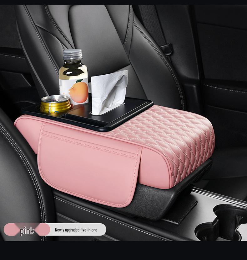 Car Armrest Pad with Console Riser, Tissue Box, Cup Holder & Protector 5-in-1