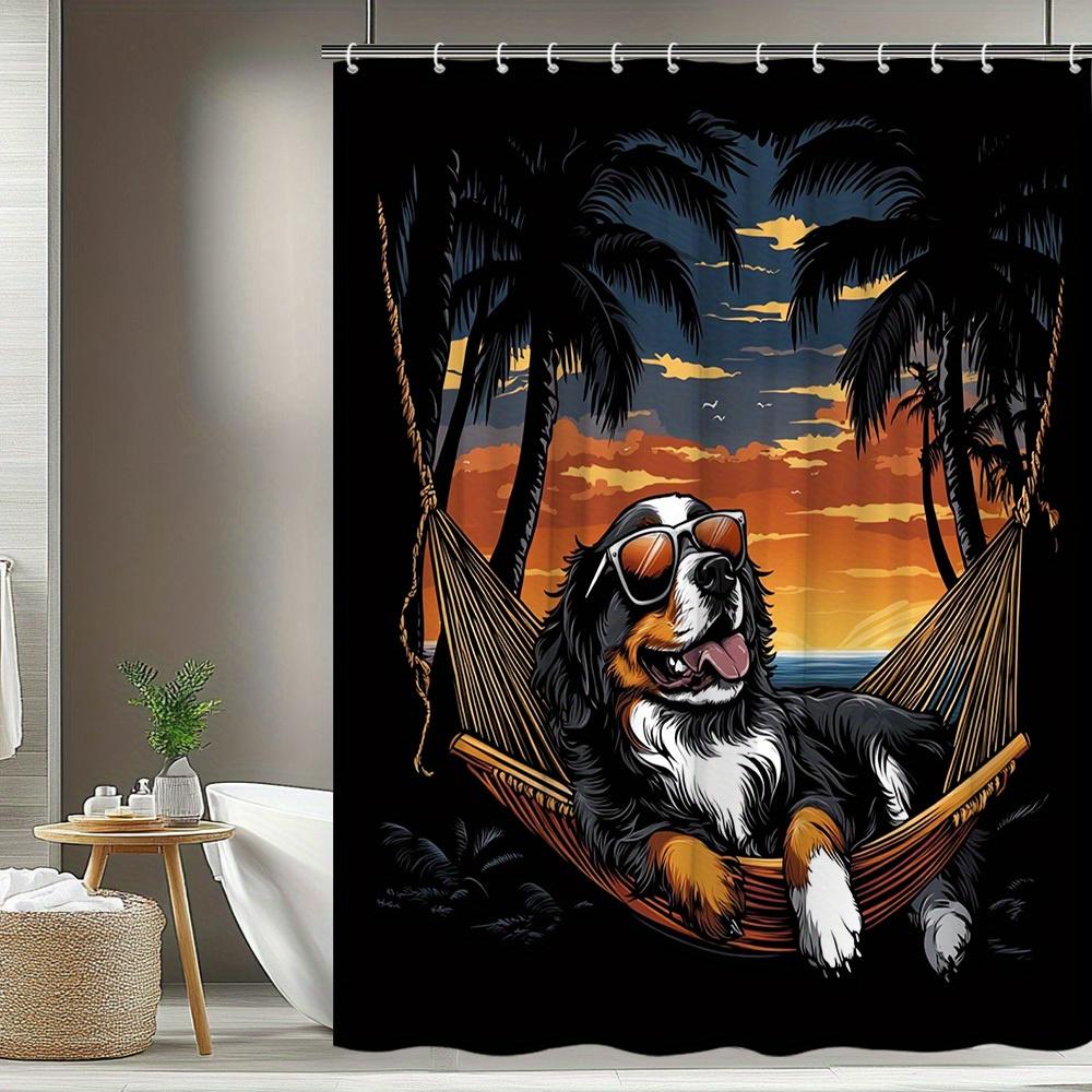 1Pc Sunbathing Curtain Dog Hammock Palm Tree Tropical Beach Sunset Bathroom Decor Polyester Fabric With 12 Hooks, 180X180Cm