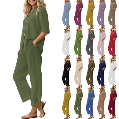 Women's Loose Fashion Solid Color Cotton And Linen Seven Sleeve Cardigan Pants Set