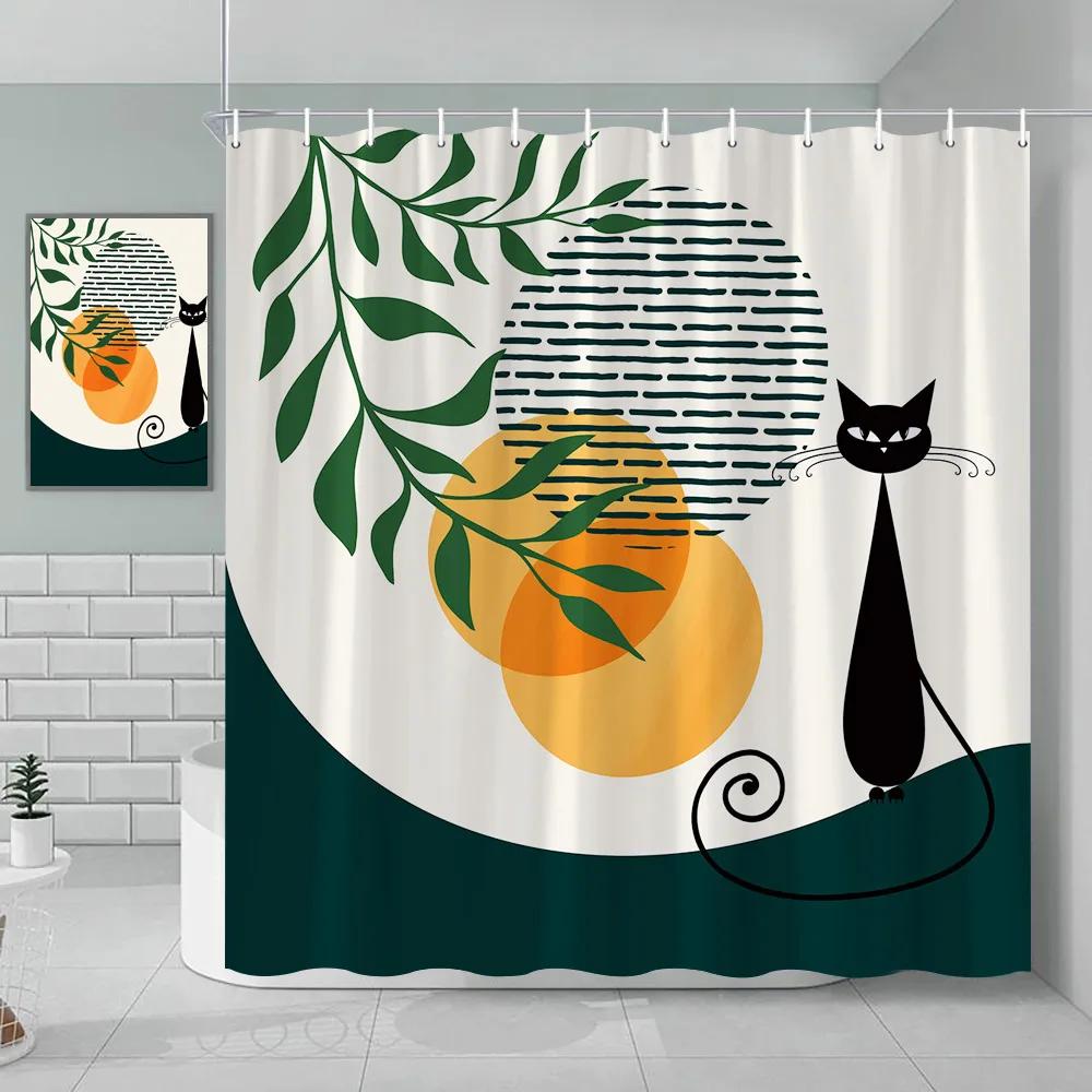 Bohemian Shower Curtain Cat Romantic Mid Century Modern Minimalist Abstract Lines Geometric Tropical Plants Bathroom Decoration