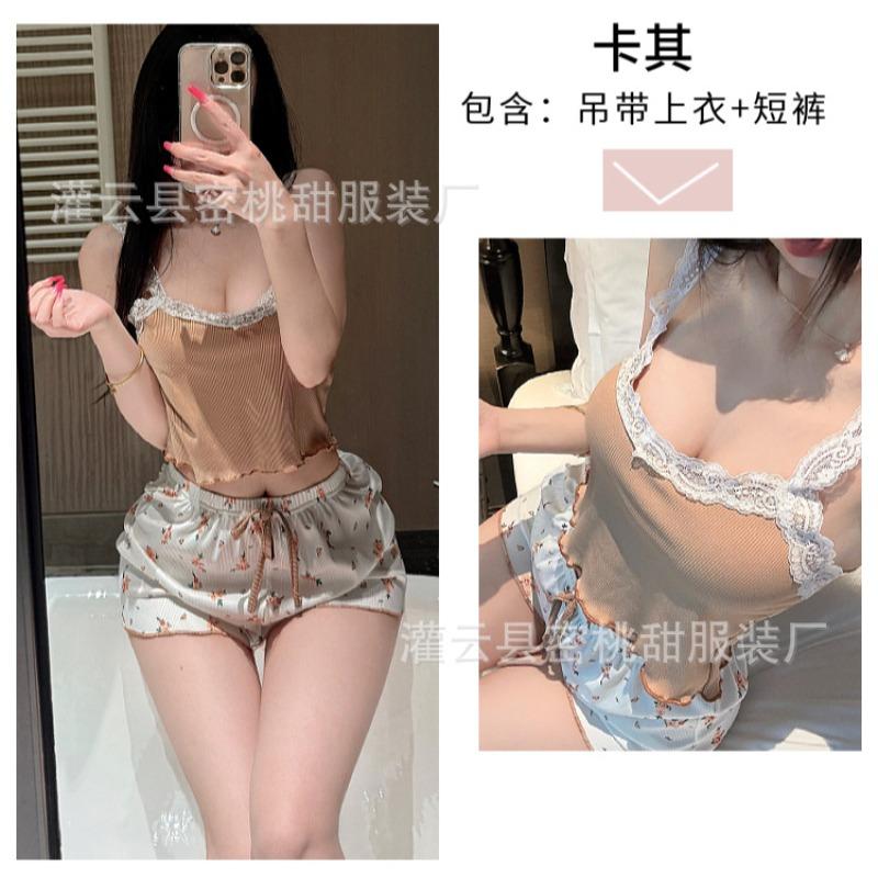 Sex underwear lace suspender top floral shorts home casual ribbed pit strip two-piece set