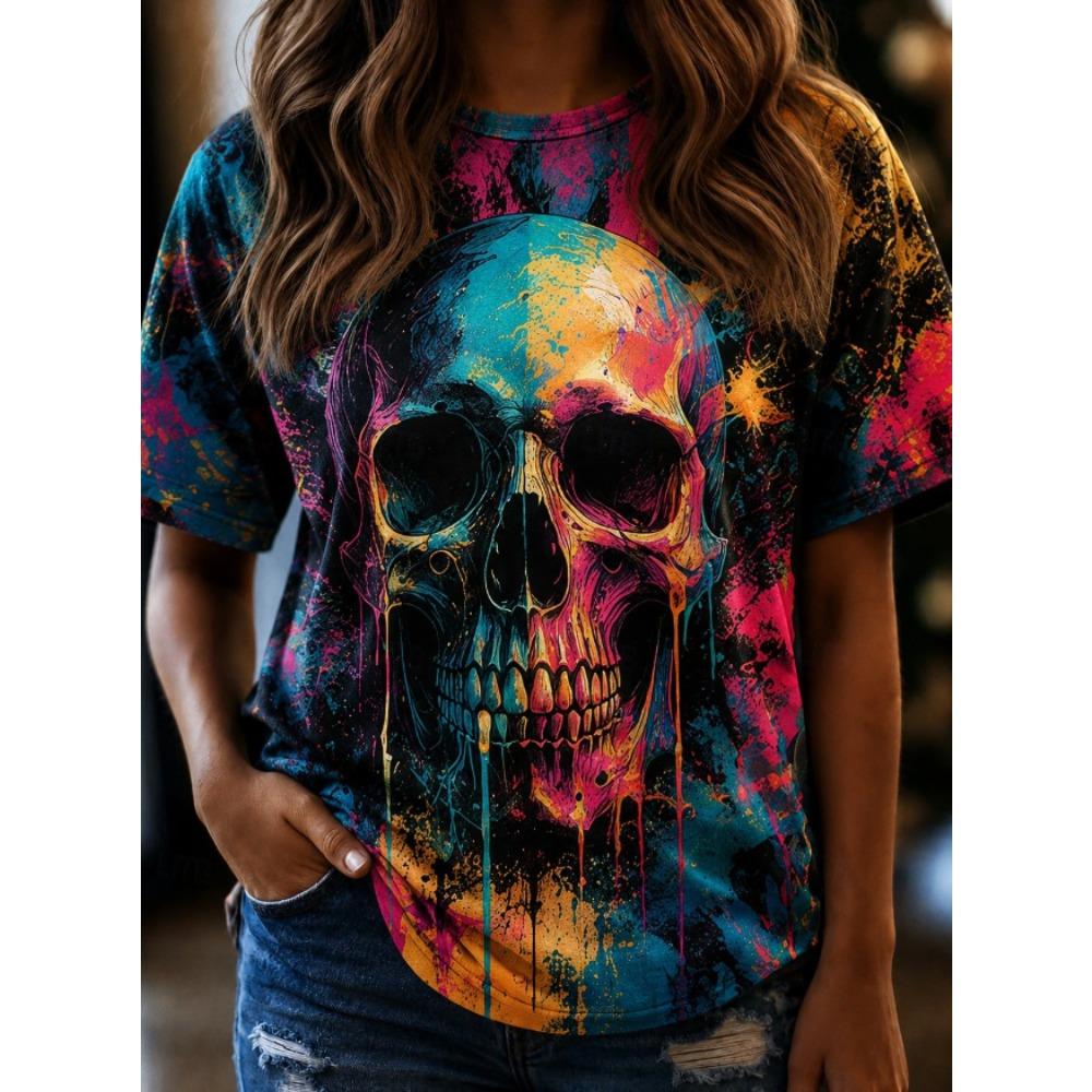 Fashion Women Retro Creative Skull Print T Shirt Funny Casual O-neck Short Sleeves T-shirt Summer Female Tee Shirt