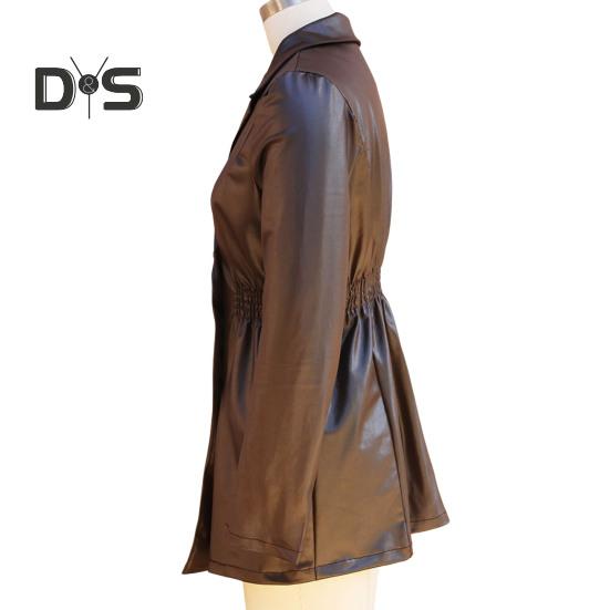 Women Coat Elastic Slim Waist Smooth Surface Faux Leather Turn-down Collar Jacket Mid Length Solid Color Double-breasted Outerwear