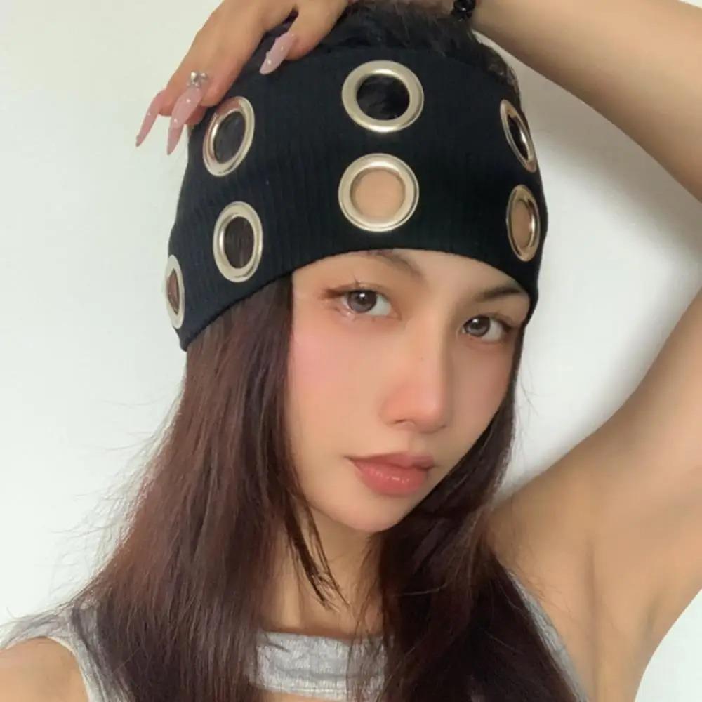 Fabric Rock Head Band Metal Eyelets Hollowed Out Eyelets Headband Punk Headwrap  Punk Style