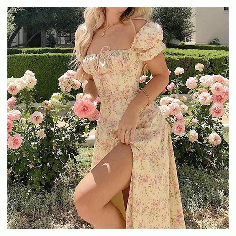 French Floral Print Sleeveless Midi Dress With Side Slits For Summer Casual Women