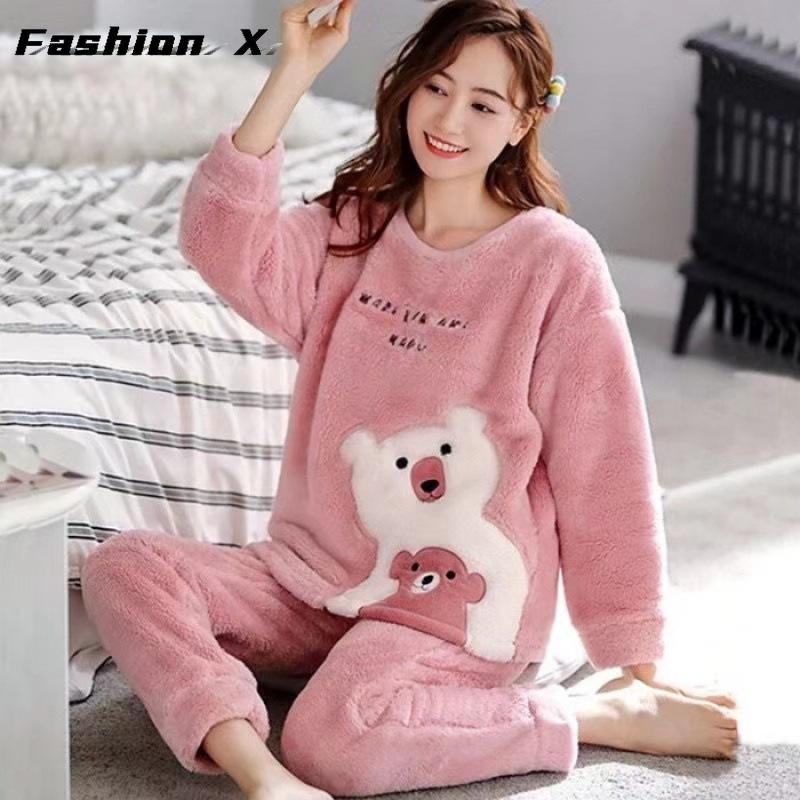 Thickened Warm Large Size Padded Fall and Winter Women's Pajamas Top and Pants Set Coral Velvet Ladies Cartoon Bear 2PCS/Set