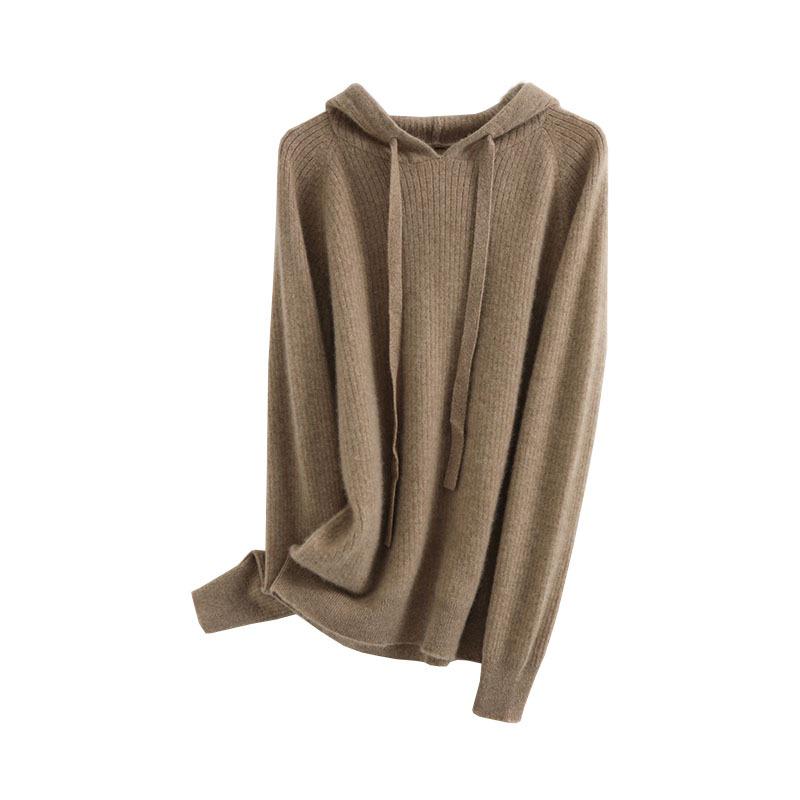 Women's 100% Cashmere Wool Hooded Sweater: Cozy Autumn/Winter Knitwear with Large Hood, Plus Size Options Available.