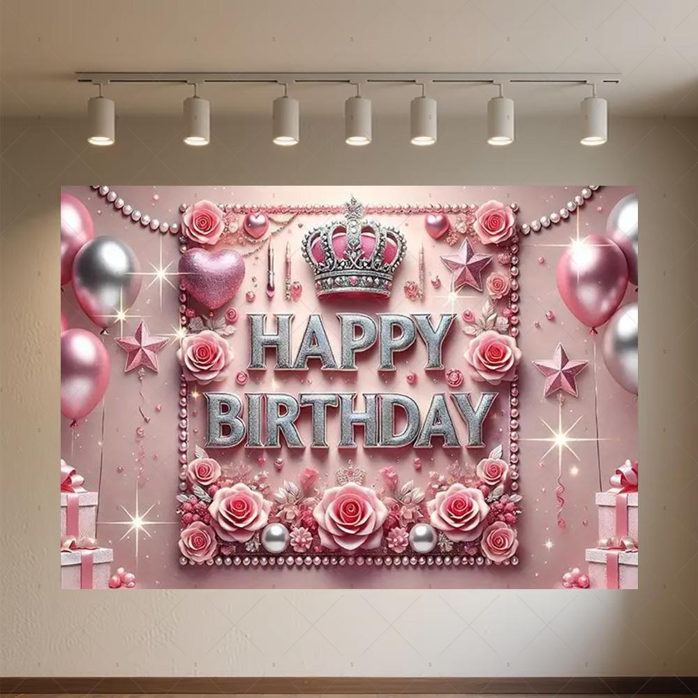 Crown Pink Balloons Background Banner Girls Birthday Party Decorations Flower Photography Backdrop Supplies Photo Shoot Props