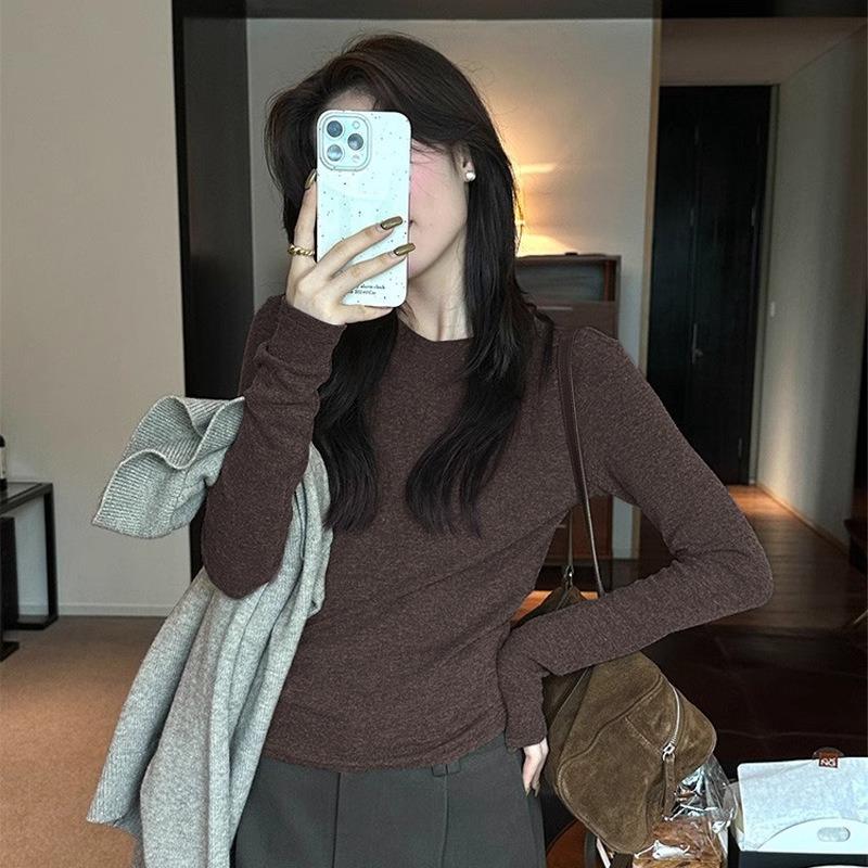 Gray Long-sleeved Bottoming Shirt for Women, Spring and Autumn New Style High-end T-shirt, Slim Solid Color Slimming Top