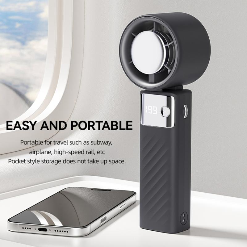 Handheld Pocket Fan USB Rechargeable LED Digtal Display Fan with Strong Airflows Cooling Device for Hot Weather