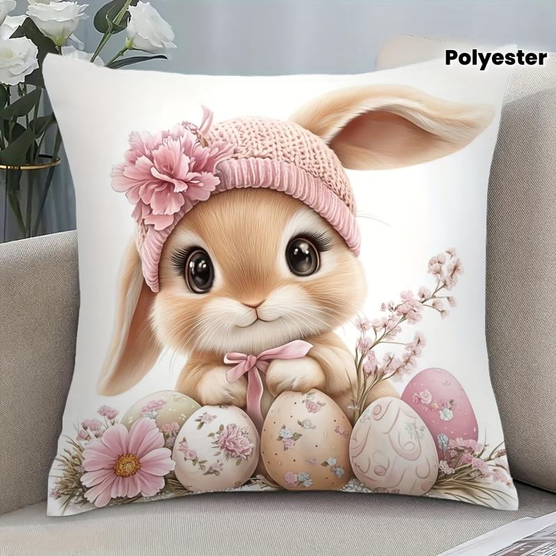 Vikama Easter Bunny Cushion Cover Pink Floral Easter Egg Print Cushion Cover Living Room Sofa Bedroom Decorative Pillowcase