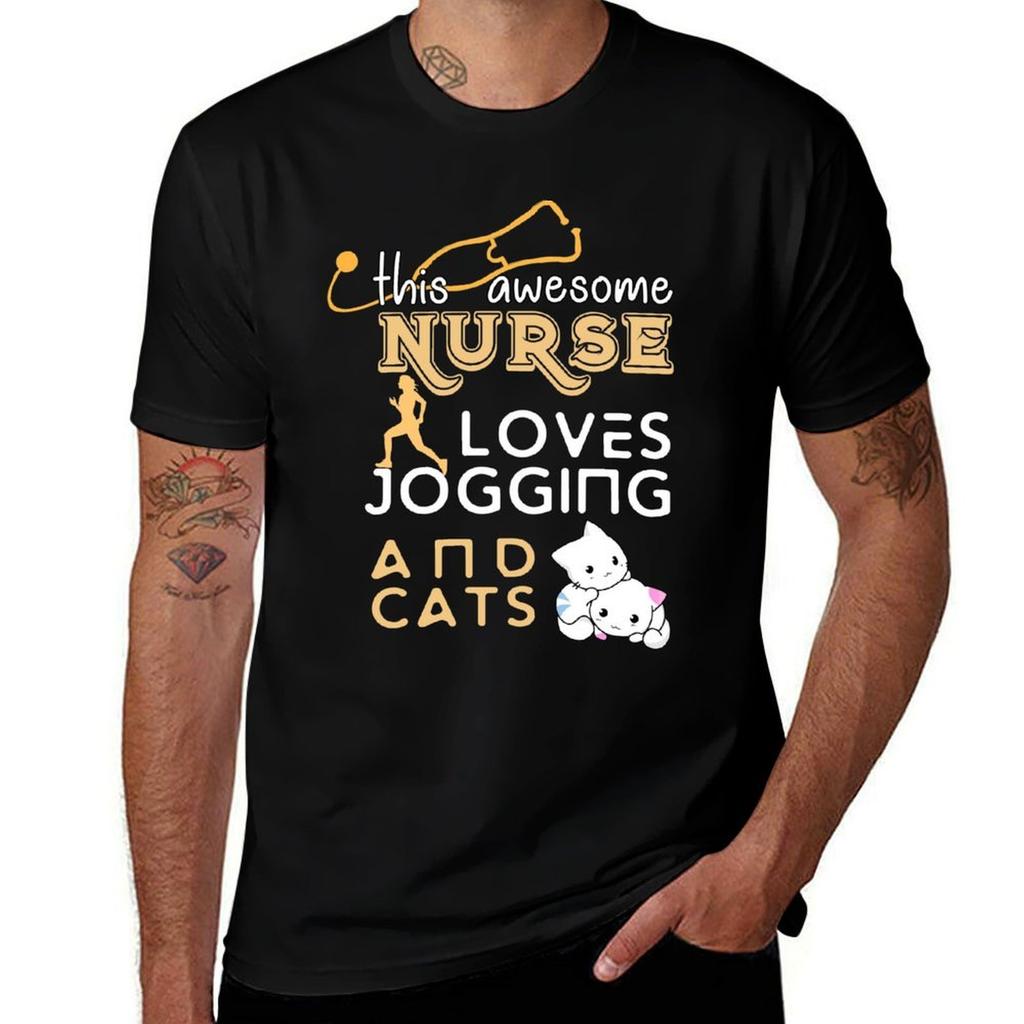 Nurse - Love Jogging and Cats T-Shirt T Shirt Man Plain T Shirts with Prints T Shirt for Man 100 Percent Cotton T-Shirt