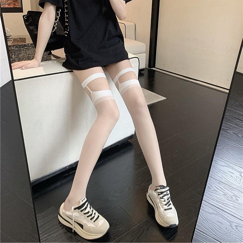 Ultra-Thin Black Silk Thigh-High Suspender Stockings for Women