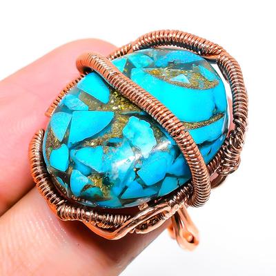 Natural Copper Blue Turquoise Gemstone Copper Wire Wrap Gift Ring Size 8 m4L29