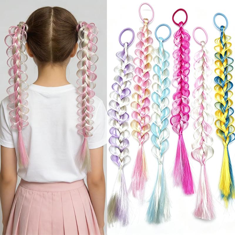 6pcs Braided Ponytail Extension Elastic Band Colorful Synthetic Hair Accessories for Daily Crazy Days Party Halloween Christmas Costume Hair Pieces
