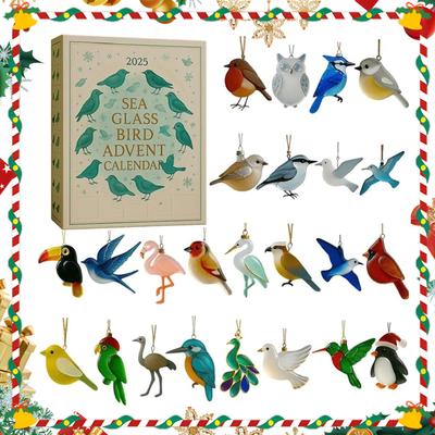 Adventskalender 2025 mit Seeglas-Vögeln, 24-tägiges Weihnachtsschmuck-Set, Geschenk für Strand- und Naturliebhaber