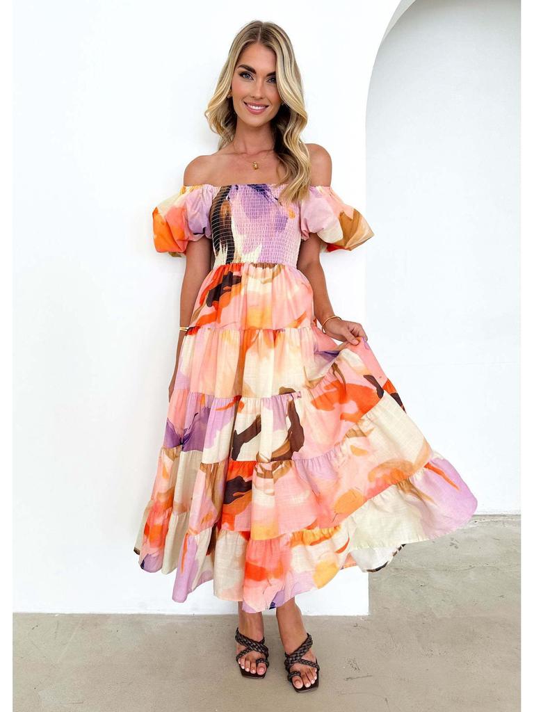 2024 Sommer Einseitiges Puffärmel Slim Langes Kleid