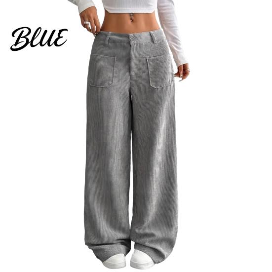 Women Pants Low Rise Zipper Button Fly Straight Wide Leg Comfortable All-day Wear Long with Pockets Solid Color Ribbed Leisure Trousers Wide-leg