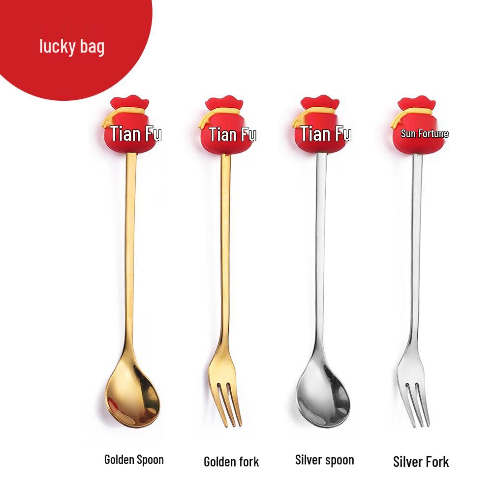 Cartoon Rabbit Christmas Dessert Spoon and Fork Set - Cute Party Favor Stirring Spoon