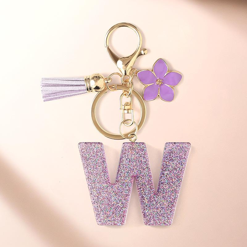 Flash Powder 26 English letters, diy, Resin keychain, purple flower, pendant, bag pendant, keychain, Christmas gift, Stocking stuffers