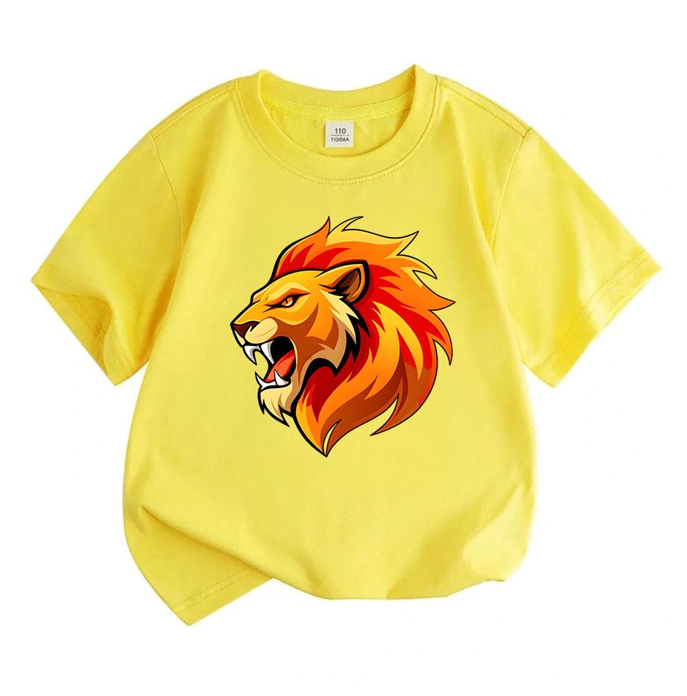 Kids Boys Girls Crew Neck Short Sleeve 100% Cotton T-Shirt, Cool Roaring Fire Lion Head Graphic Casual Soft Summer Tees Tops for Children Daily Wear