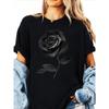 European Size Ladies Elegant Black Rose Silhouette T-Shirt-Beige Background Soft Round Neck Everyday Casual T-Shirt-All Seasons Floral Short Sleeve