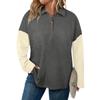 Women's Fashion Long Sleeve Plus Size Button V-Neck Check Patchwork Loose Sweatshirt Top
