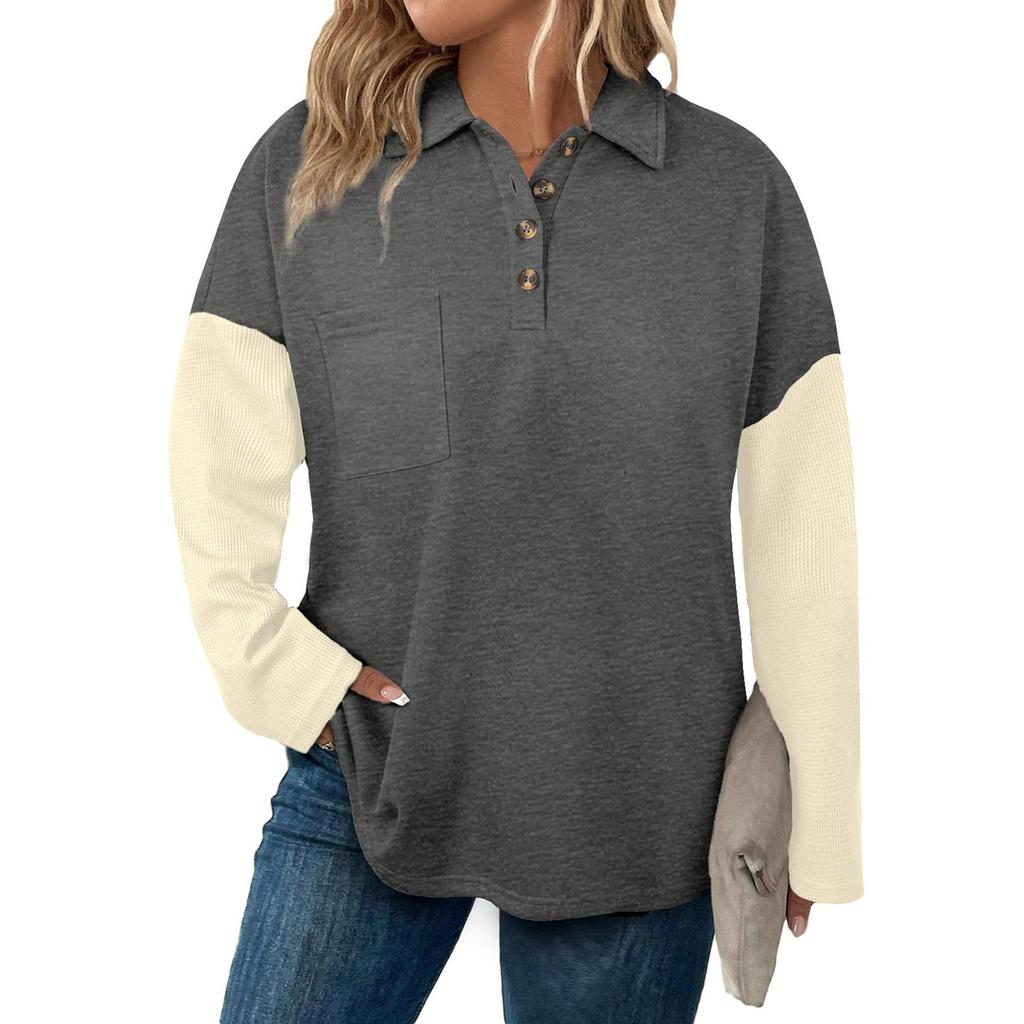 Women's Fashion Long Sleeve Plus Size Button V-Neck Check Patchwork Loose Sweatshirt Top