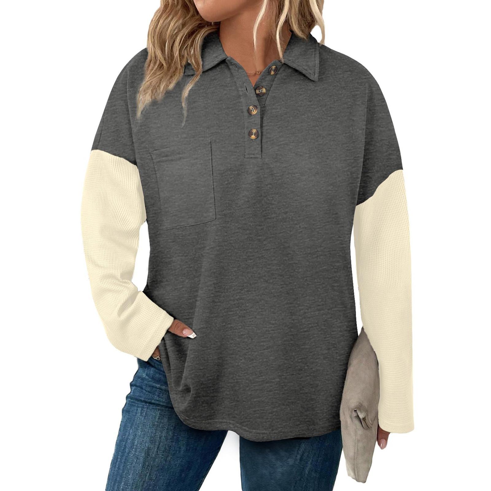 

Женская мода Длинный рукав Большой размер Пуговица V-образный вырез Клетка Пэчворк Свободный свитшот Топ XXXXXL