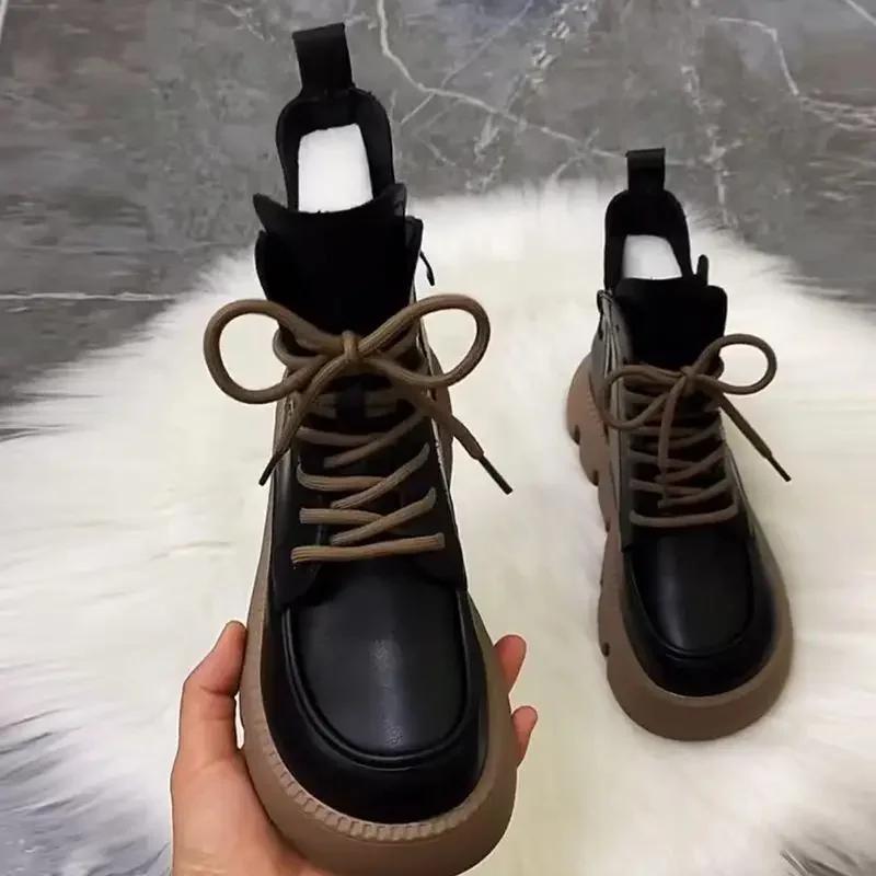 Fashion Woman Short Shoes Black Round Toe With Laces Booties Lace-up Designer Luxury Sale Pu New In Ankle Boots for Women On Offer Goth