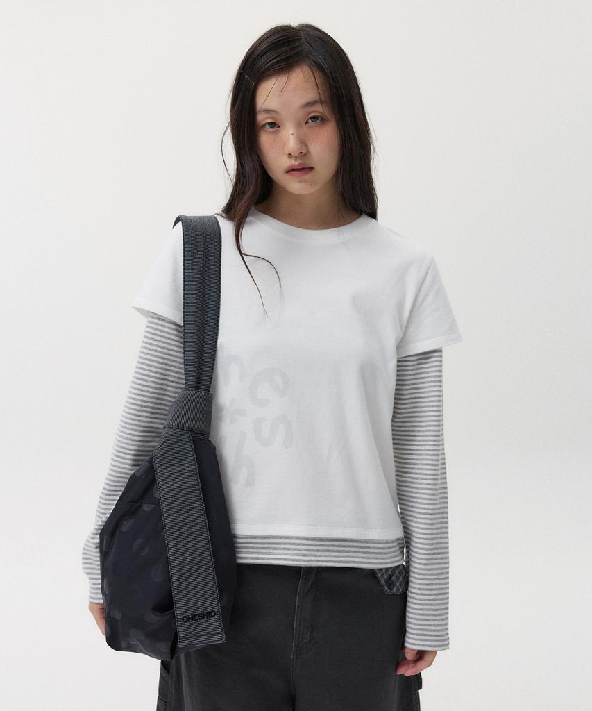 Ohesio Logo Layered Stripe Long T-Shirt, White