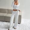 Women's Striped 2 Piece Outfits Long Sleeve Square Neck Cropped Top Drawstring Wide Leg Pants Set Casual Lounge Sweatsuits