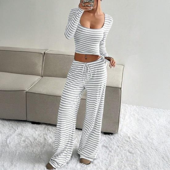 Women's Striped 2 Piece Outfits Long Sleeve Square Neck Cropped Top Drawstring Wide Leg Pants Set Casual Lounge Sweatsuits