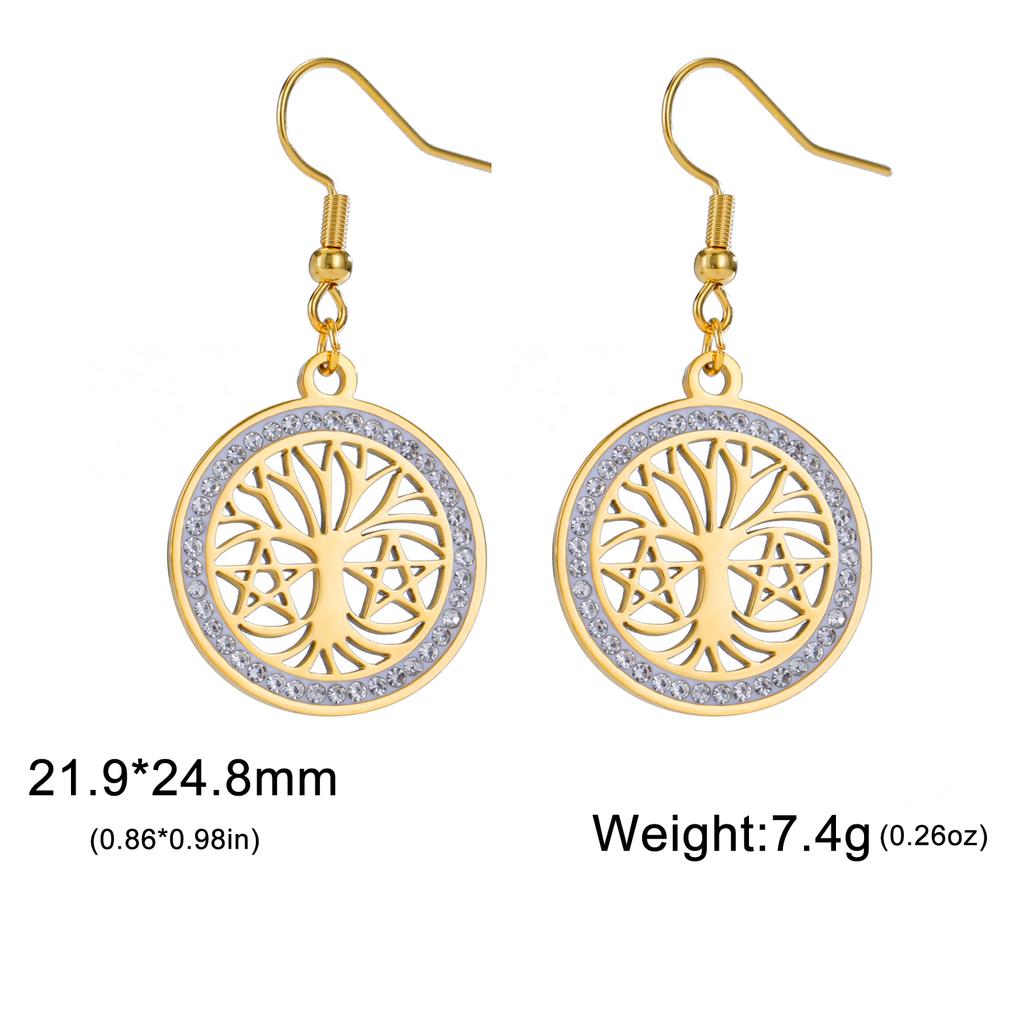 Tree of Life Women's Earrings Stainless Steel Gold Clear Zircon Round Pendant Dangle Earring Amulet Jewelry Gift