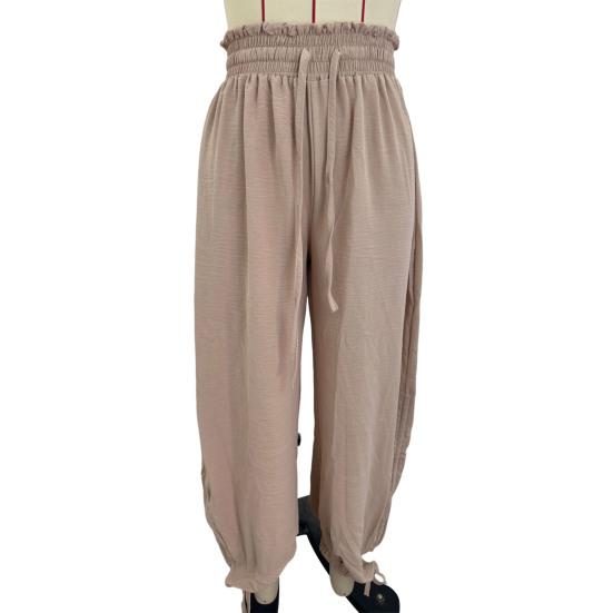 Women Bloomers High-Drape Side Shirring Wide Leg Pants with Elastic Waistband Adjustable Drawstring Pure Color Casual