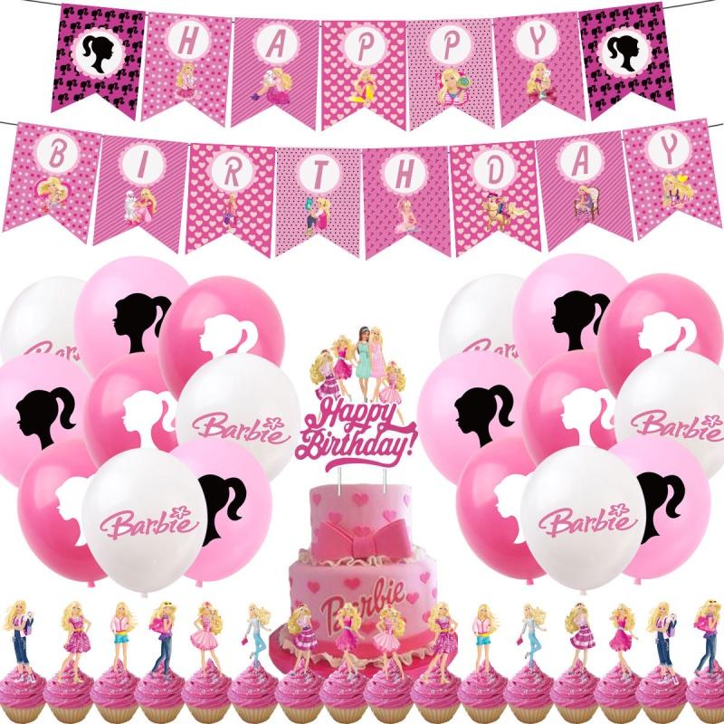 Barbie Doll Themed Purple Birthday Party Decoration Set With Cartoon Flags, Latex Balloons, And Cake Toppers