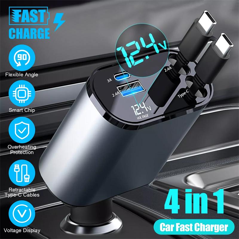 120W 4 In 1 Retractable Car Charger Usb C For Iphone Xiaomi Huawei Samsung Fast Charging Cable Cigarette Lighter Adapter