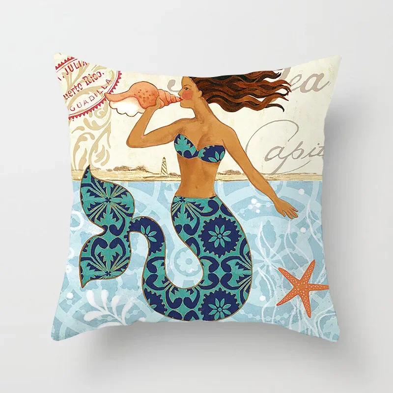 45X45CM Retro Mediterraner Ozean Druck Blau Grün Kissenbezug Heiß Meerjungfrau Fisch Kissenbezug Sofa Sitz Wohnzimmer Dekokissen