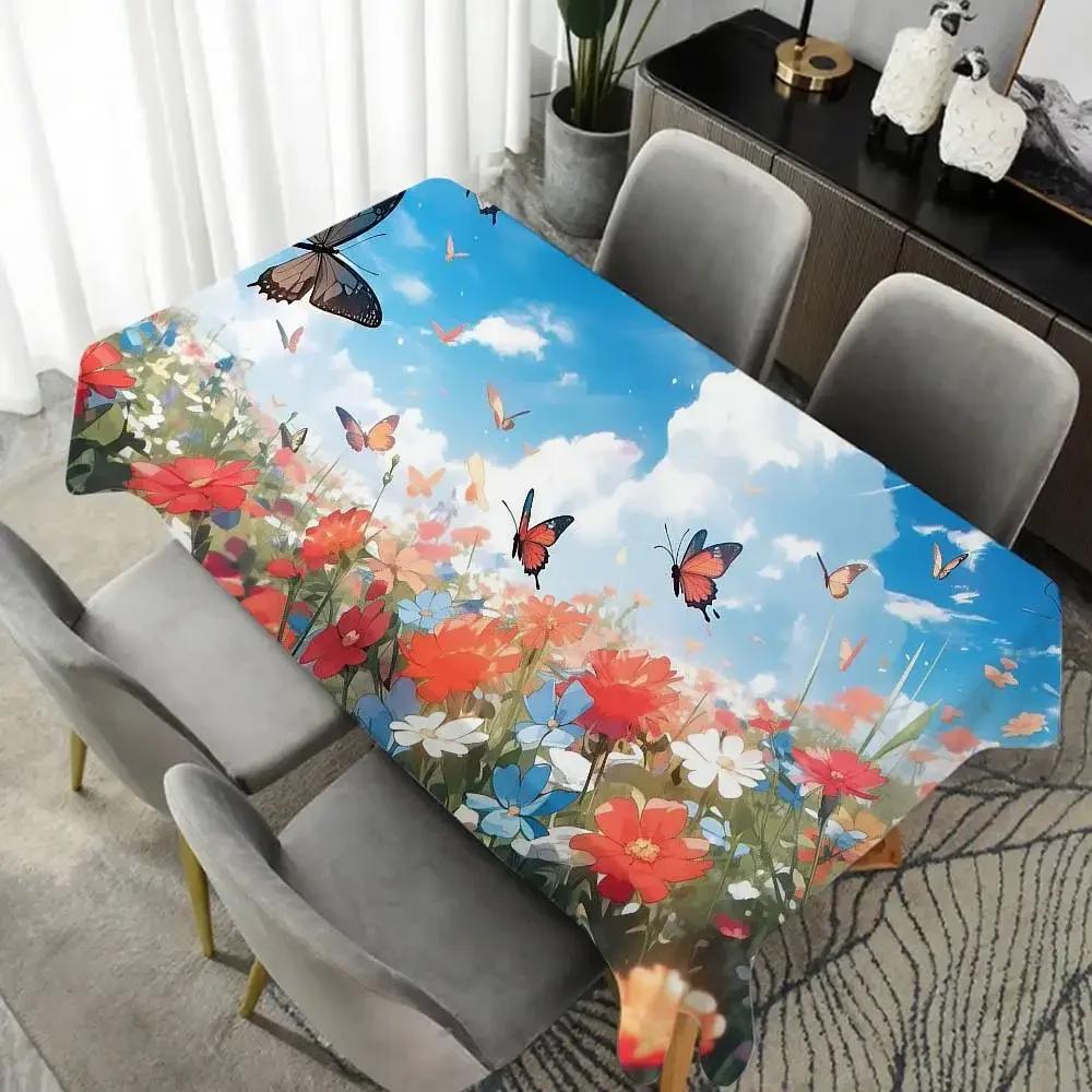 Waterproof Oilproof Home Butterfly Floral Table Cloth Rectangular Party Table Cover Tablecloth Outdoor Picnic Mat