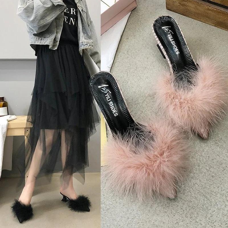 2024 Women Fur Square Heels Peep Toe Wedding Woman Beautiful Pointe Girls Shoe Elegant Shoes with Medium Heels 5cm