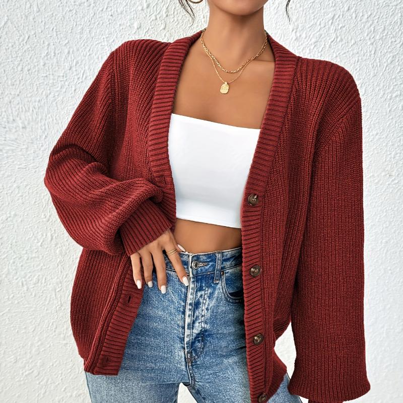 Elegant Women's Knitted Cardigan Sweater Jacket - Plain Color, Front Button, Autonomous Pattern - Spring and Autumn