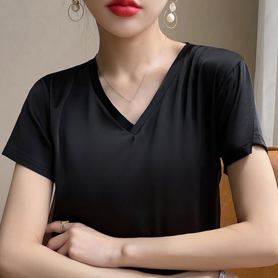 Women Summer Top V-neck Solid Color Soft Comfortable Short Sleeves Daily Wear Pullover OL Commute Satin Women T-shirt Female Clothes