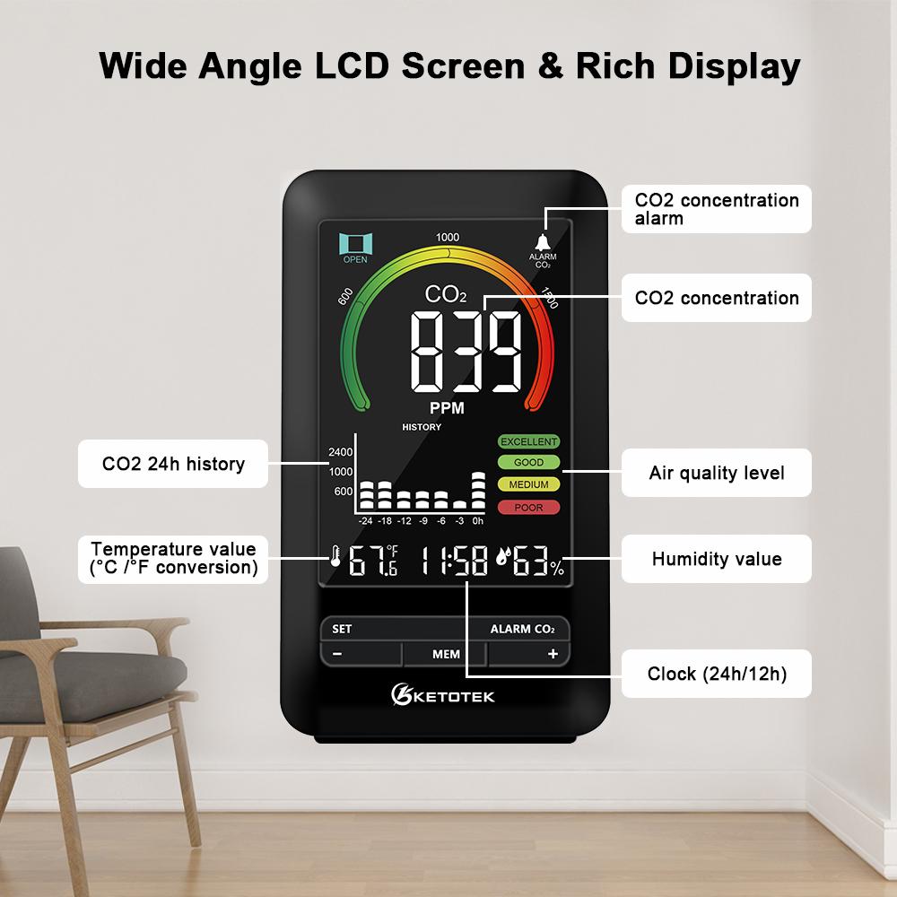 Analizator gazu Detektor CO2 Stężenie dwutlenku węgla Alarm Miernik Monitor jakości powietrza z zegarem temperatury i wilgotności
